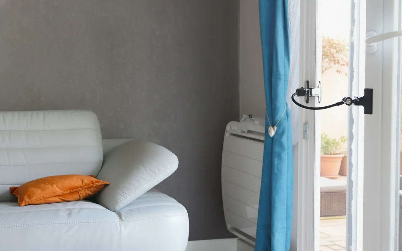Entrebâilleur Courandair installé sur porte-fenêtre dans salon moderne